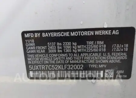 BMW X3 2019 vin 5UXTR7C52KLF32002 from auto auction Iaai