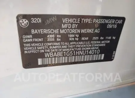 BMW 320I 2017 vin WBA8E1G51HNU14010 from auto auction Iaai