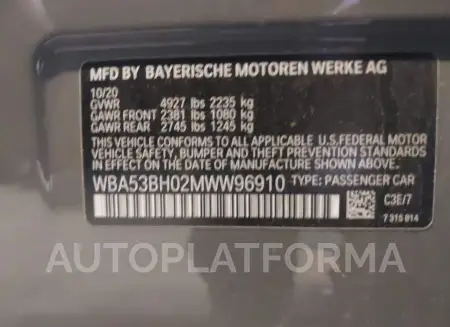 BMW 530I 2021 vin WBA53BH02MWW96910 from auto auction Iaai