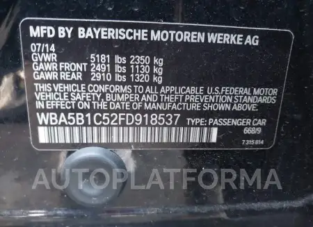 BMW 535I 2015 vin WBA5B1C52FD918537 from auto auction Iaai