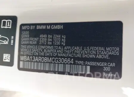 BMW M440I 2021 vin WBA13AR08MCG30664 from auto auction Iaai