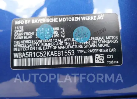 BMW 330I 2019 vin WBA5R1C52KAE81553 from auto auction Iaai