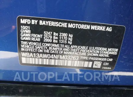 BMW M440I GRAN COUPE 2022 vin WBA13AW04NFM03263 from auto auction Iaai