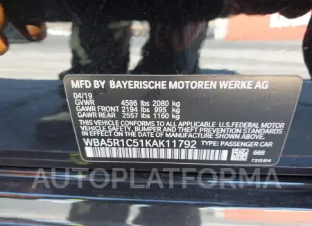 BMW 330I 2019 vin WBA5R1C51KAK11792 from auto auction Iaai