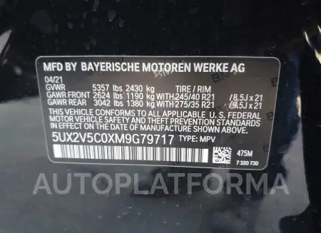 BMW X4 2021 vin 5UX2V5C0XM9G79717 from auto auction Iaai