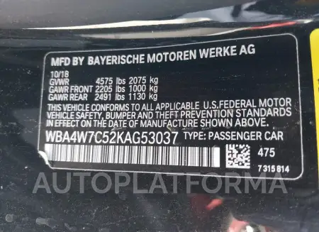 BMW 440I 2019 vin WBA4W7C52KAG53037 from auto auction Iaai