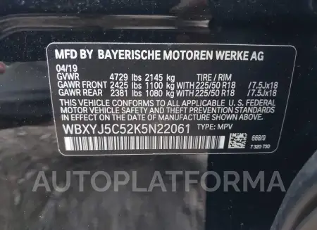 BMW X2 2019 vin WBXYJ5C52K5N22061 from auto auction Iaai