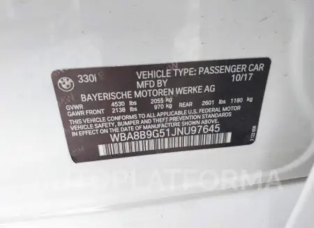 BMW 330I 2018 vin WBA8B9G51JNU97645 from auto auction Iaai