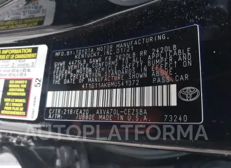 TOYOTA CAMRY 2021 vin 4T1G11AK6MU541372 from auto auction Iaai