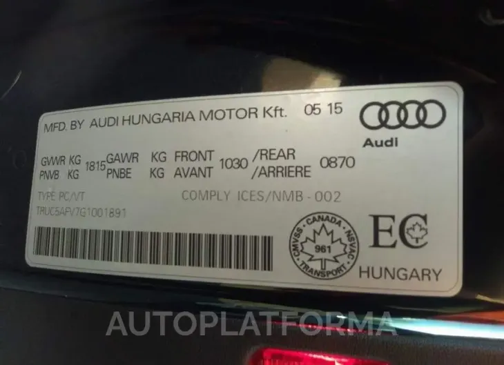 AUDI TT 2016 vin TRUC5AFV7G1001891 from auto auction Caiaai