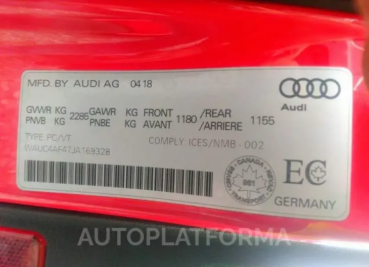 AUDI S4 PRESTIGE 2018 vin WAUC4AF47JA169328 from auto auction Caiaai