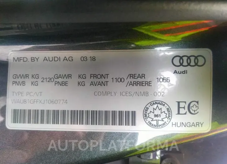 AUDI S3 PREMIUM PLUS 2018 vin WAUB1GFFXJ1060774 from auto auction Caiaai