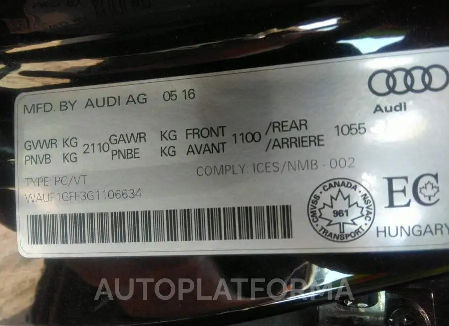 AUDI S3 PRESTIGE 2016 vin WAUF1GFF3G1106634 from auto auction Caiaai