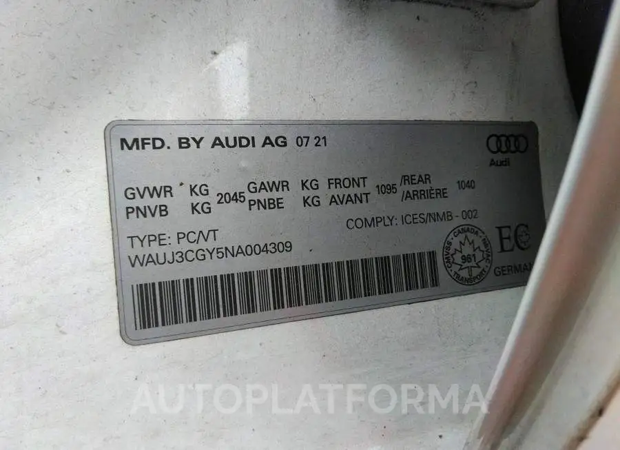 AUDI S3 PRESTIGE 2022 vin WAUJ3CGY5NA004309 from auto auction Caiaai