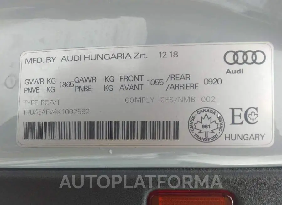 AUDI TT 2019 vin TRUAEAFV4K1002982 from auto auction Caiaai