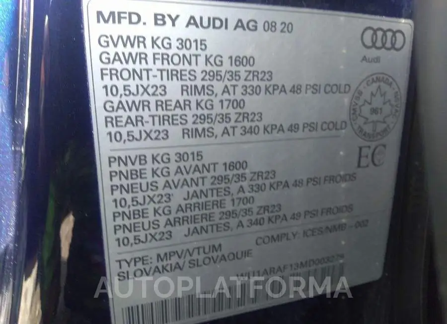 AUDI RS Q8 2021 vin WU1ARAF13MD003279 from auto auction Caiaai