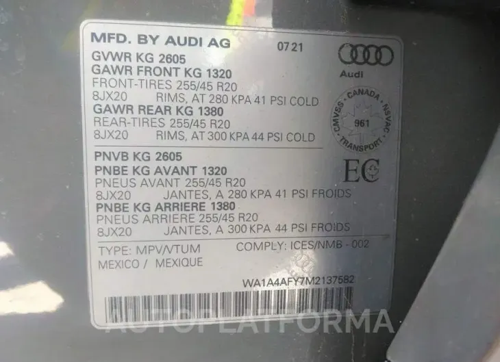 AUDI SQ5 PREMIUM 2021 vin WA1A4AFY7M2137582 from auto auction Caiaai