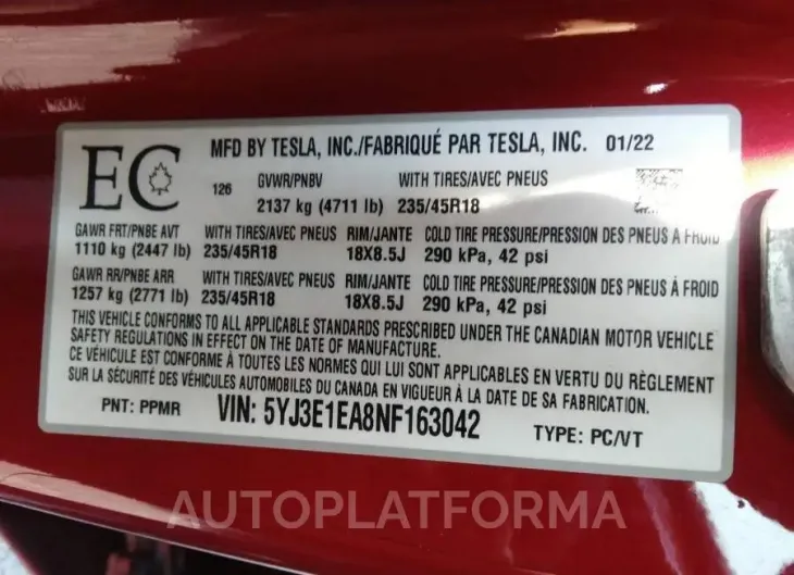 TESLA MODEL 3 2022 vin 5YJ3E1EA8NF163042 from auto auction Caiaai