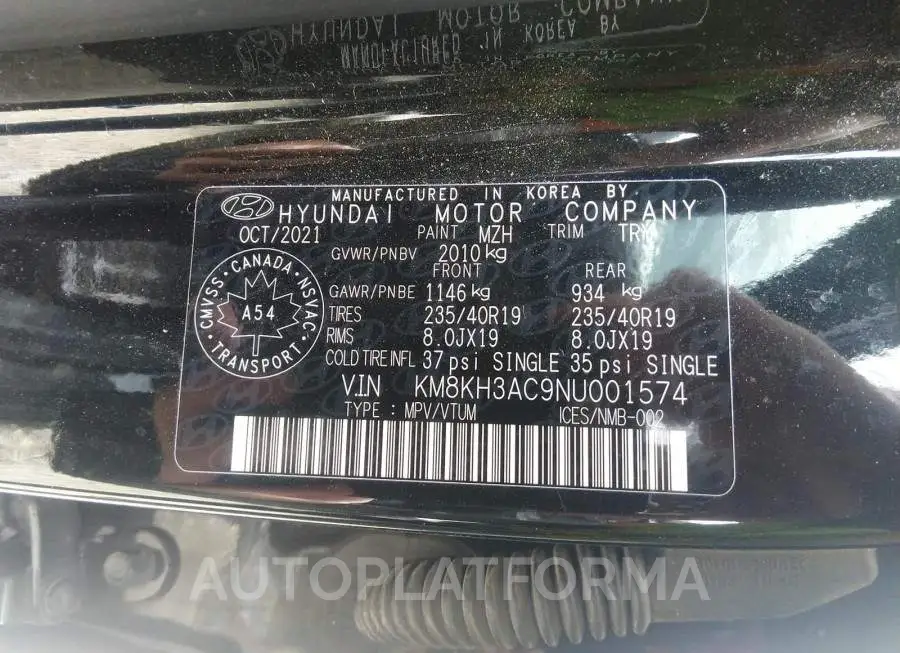 HYUNDAI KONA N 2022 vin KM8KH3AC9NU001574 from auto auction Caiaai