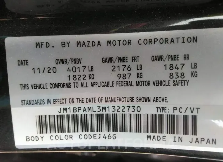 MAZDA 3 PREMIUM 2021 vin JM1BPAML3M1322730 from auto auction Caiaai