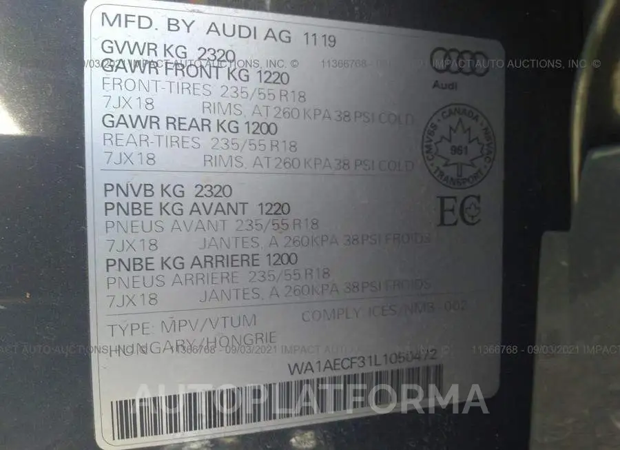 AUDI Q3 PREMIUM 2020 vin WA1AECF31L1050472 from auto auction Caiaai