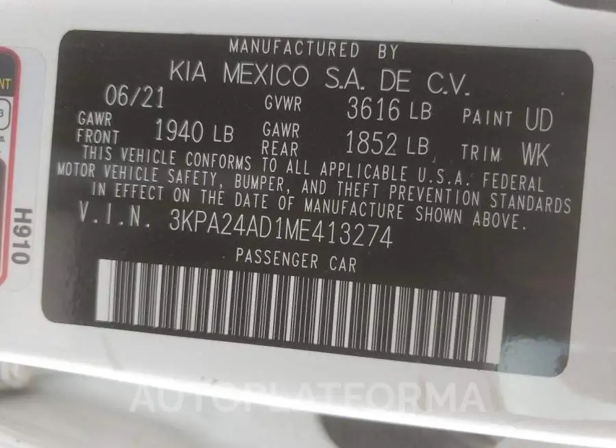 KIA RIO LX 2021 vin 3KPA24AD1ME413274 from auto auction Copart