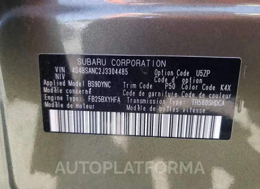 SUBARU OUTBACK 2. 2018 vin 4S4BSANC2J3304485 from auto auction Copart