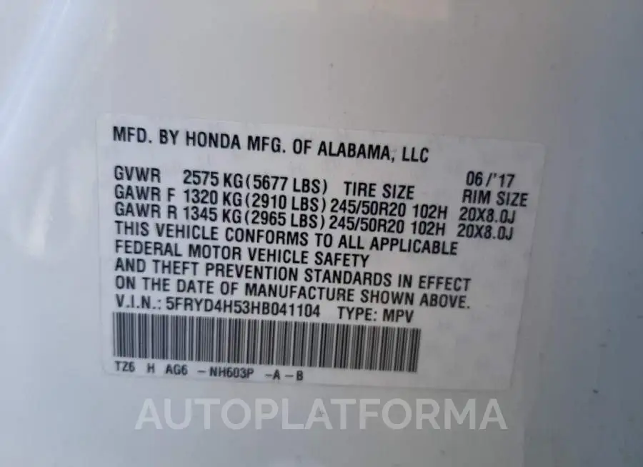 ACURA MDX TECHNO 2017 vin 5FRYD4H53HB041104 from auto auction Copart