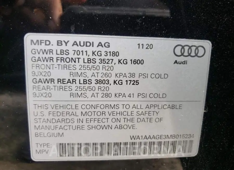 AUDI E-TRON PRE 2021 vin WA1AAAGE3MB015234 from auto auction Copart