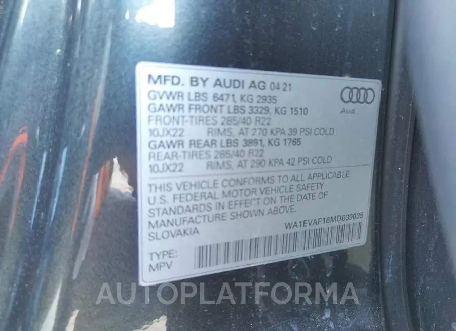 AUDI Q8 PREMIUM 2021 vin WA1EVAF16MD039035 from auto auction Copart