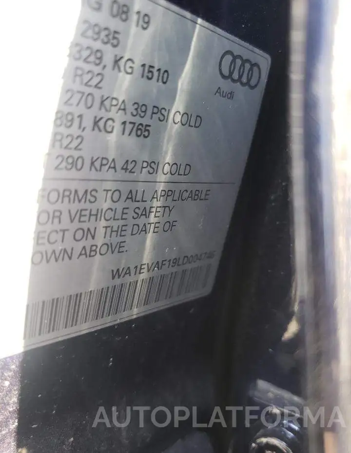 AUDI Q8 PREMIUM 2020 vin WA1EVAF19LD004746 from auto auction Copart