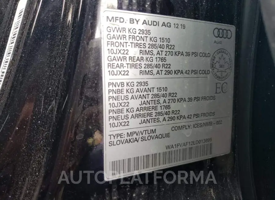 AUDI Q8 PRESTIG 2020 vin WA1FVAF12LD013695 from auto auction Copart