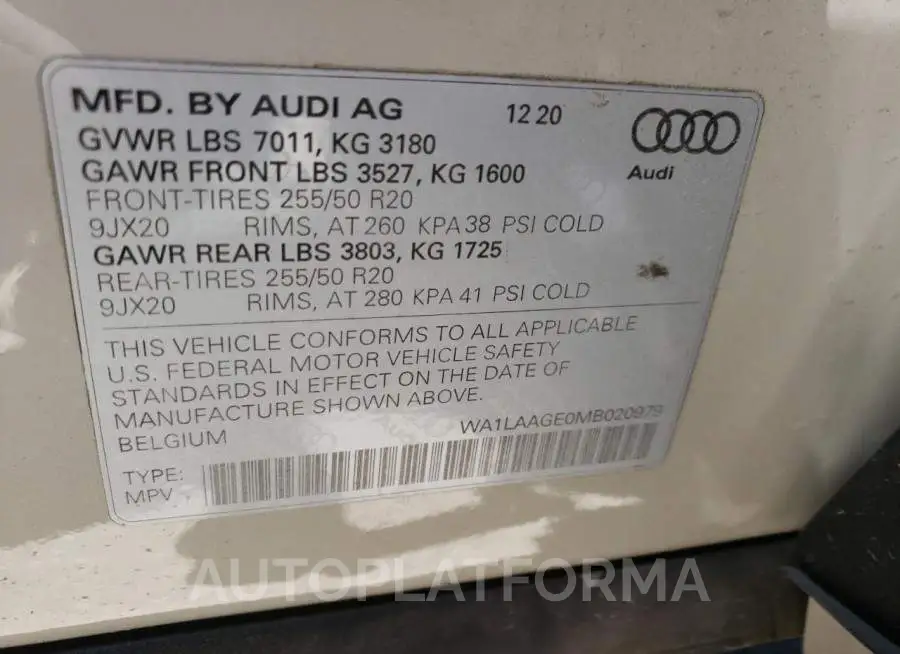 AUDI E-TRON PRE 2021 vin WA1LAAGE0MB020979 from auto auction Copart