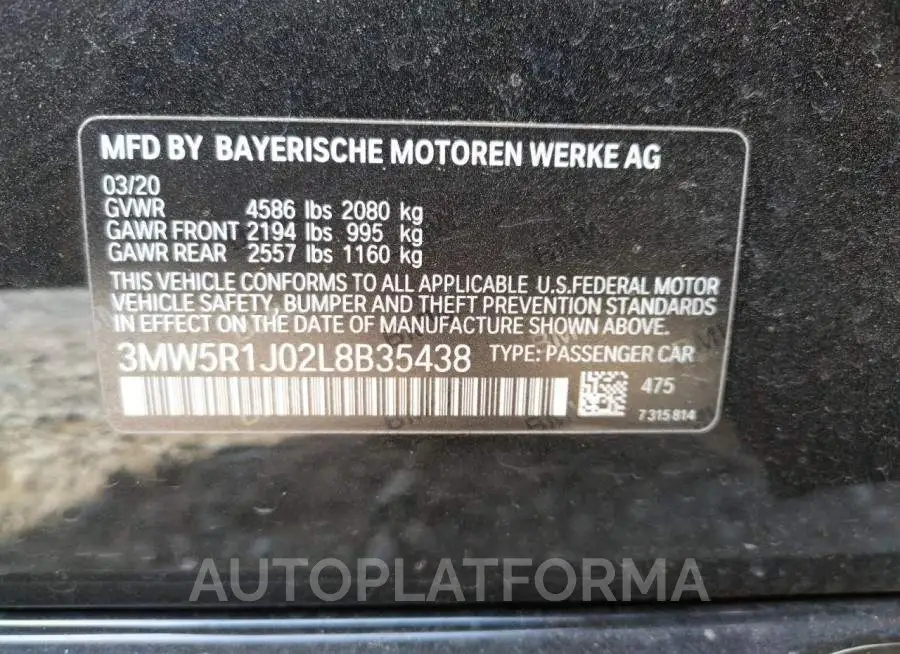 BMW 330I 2020 vin 3MW5R1J02L8B35438 from auto auction Copart