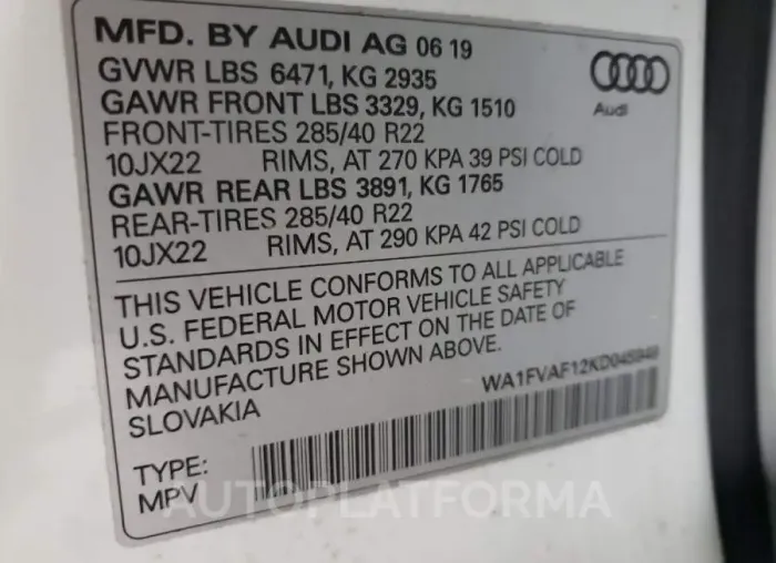 AUDI Q8 PRESTIG 2019 vin WA1FVAF12KD045948 from auto auction Copart