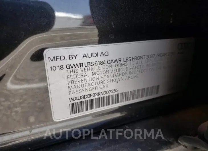 AUDI A8 L 2019 vin WAU8DBF83KN007253 from auto auction Copart