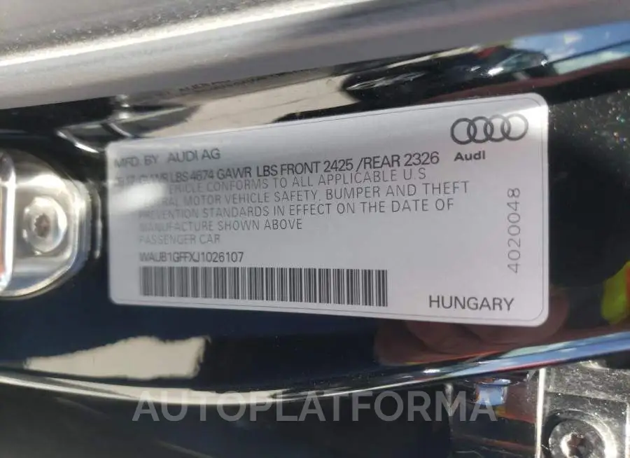 AUDI S3 PREMIUM 2018 vin WAUB1GFFXJ1026107 from auto auction Copart