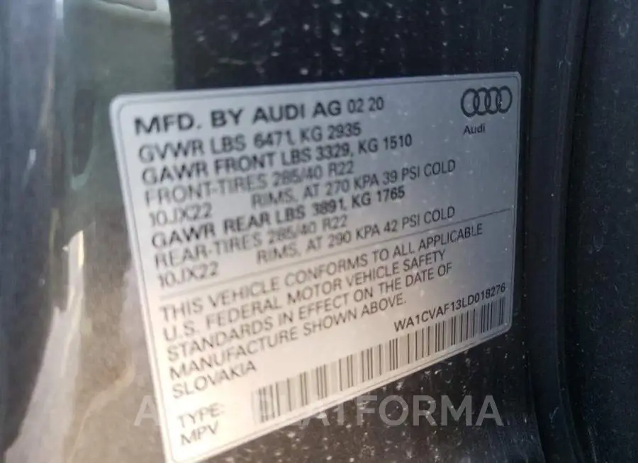 AUDI Q8 PRESTIG 2020 vin WA1CVAF13LD018276 from auto auction Copart