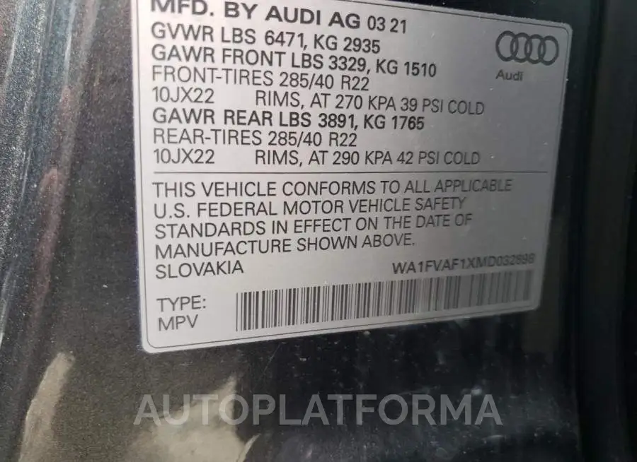 AUDI Q8 PRESTIG 2021 vin WA1FVAF1XMD032898 from auto auction Copart