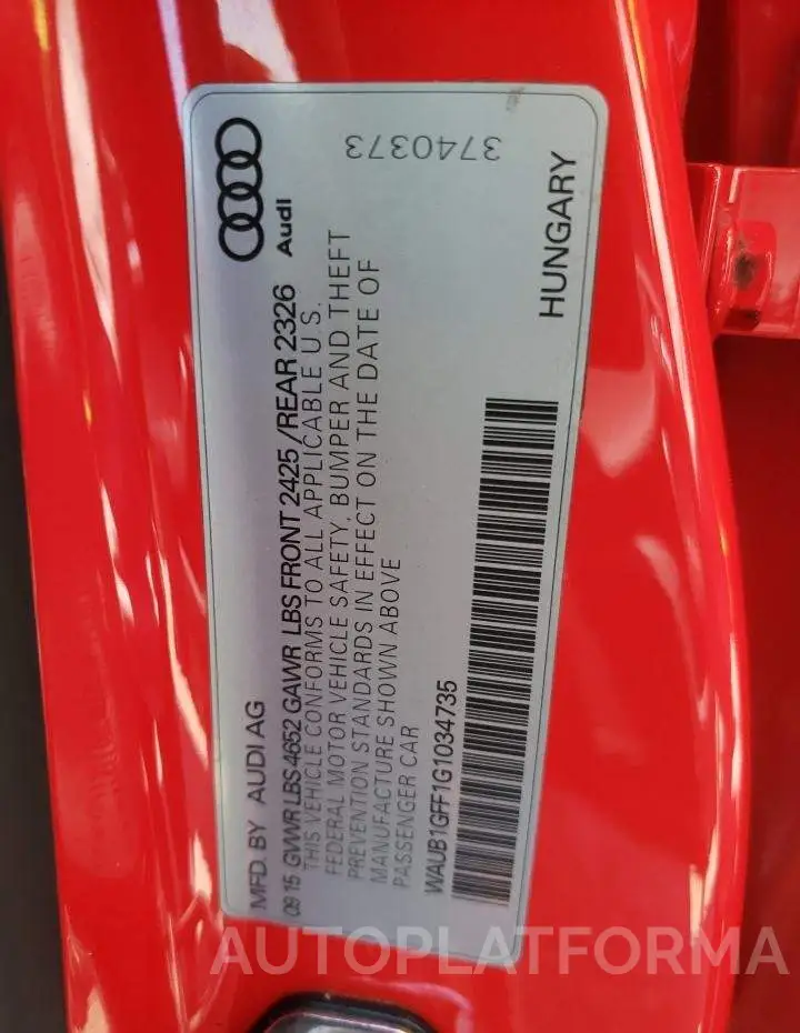 AUDI S3 PREMIUM 2016 vin WAUB1GFF1G1034735 from auto auction Copart