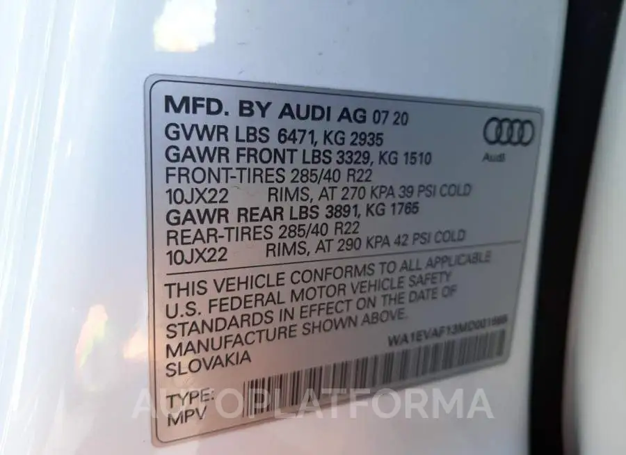 AUDI Q8 PREMIUM 2021 vin WA1EVAF13MD001665 from auto auction Copart