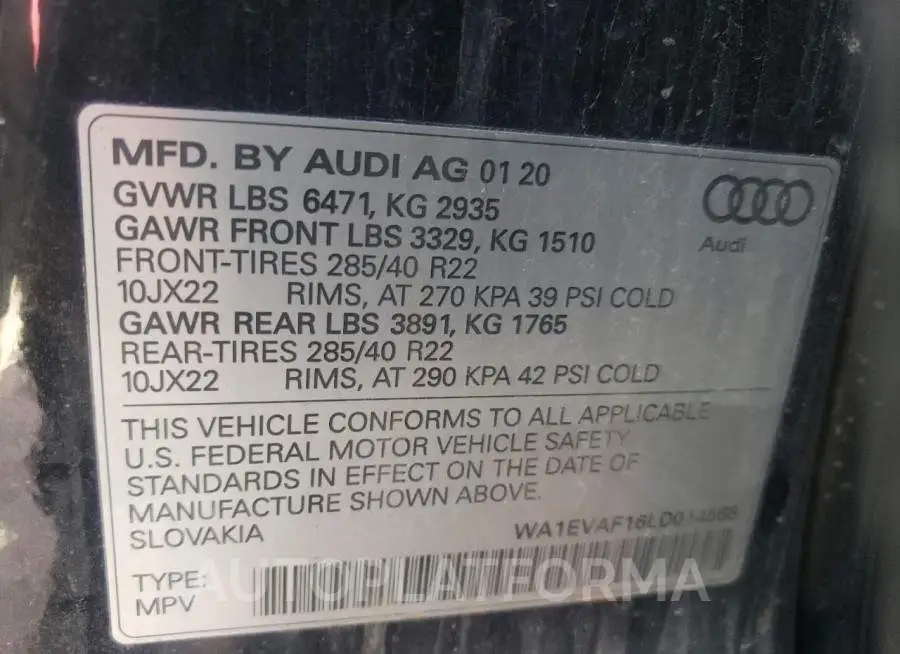 AUDI Q8 PREMIUM 2020 vin WA1EVAF16LD014568 from auto auction Copart