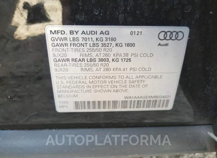 AUDI E-TRON PRE 2021 vin WA1AAAGEXMB024531 from auto auction Copart