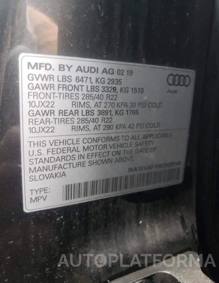 AUDI Q8 PREMIUM 2019 vin WA1EVAF18KD029149 from auto auction Copart