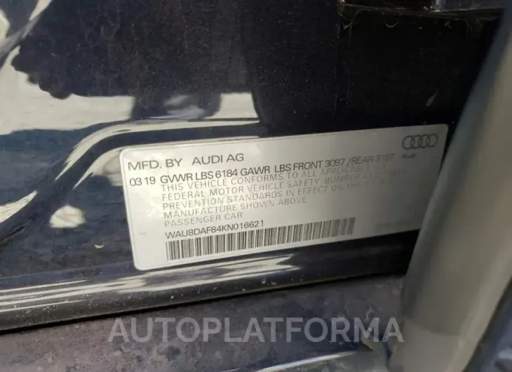 AUDI A8 L 2019 vin WAU8DAF84KN016621 from auto auction Copart