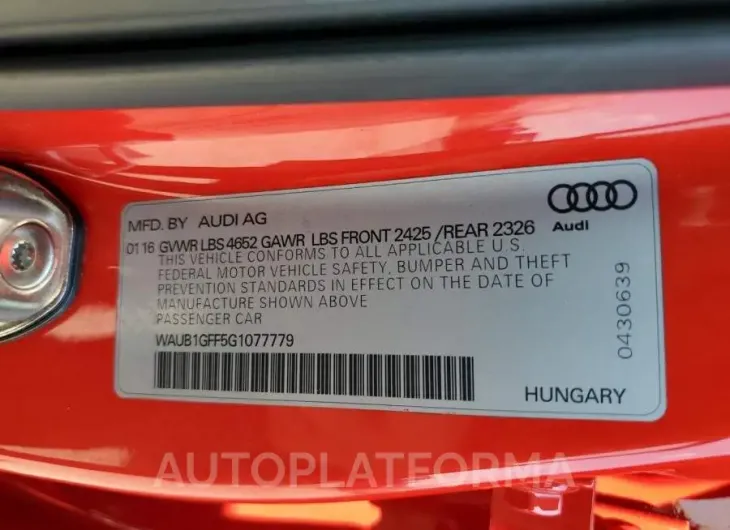 AUDI S3 PREMIUM 2016 vin WAUB1GFF5G1077779 from auto auction Copart