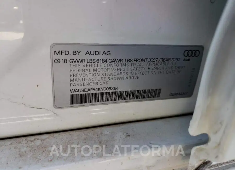 AUDI A8 L 2019 vin WAU8DAF84KN006364 from auto auction Copart