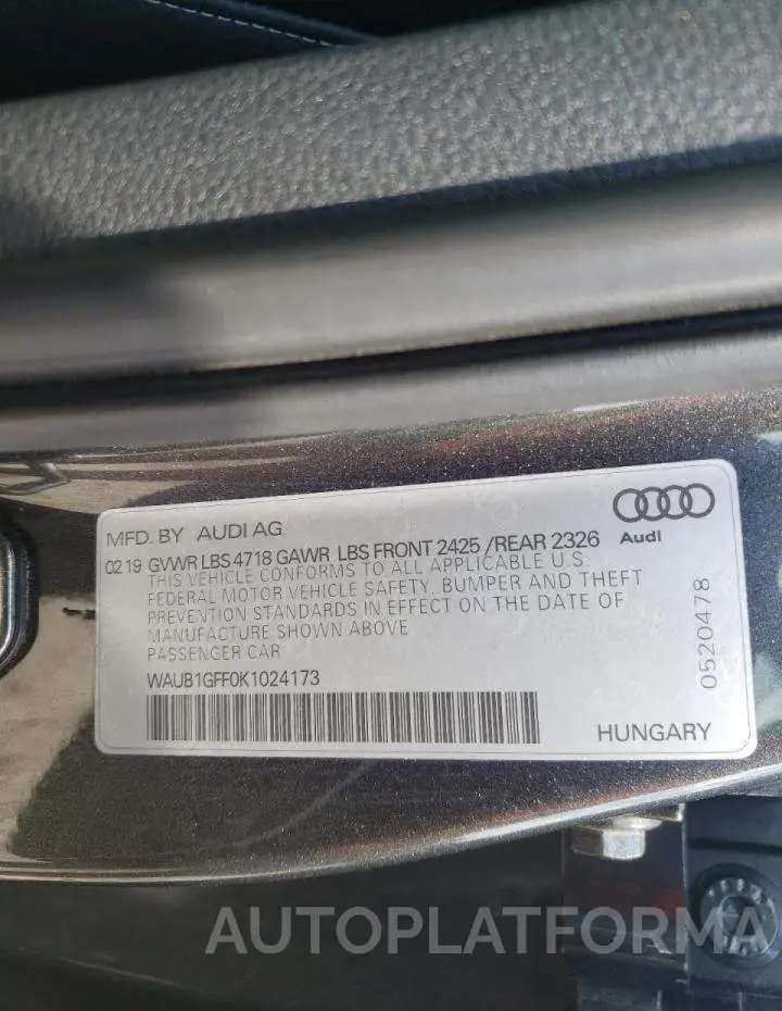 AUDI S3 PREMIUM 2019 vin WAUB1GFF0K1024173 from auto auction Copart