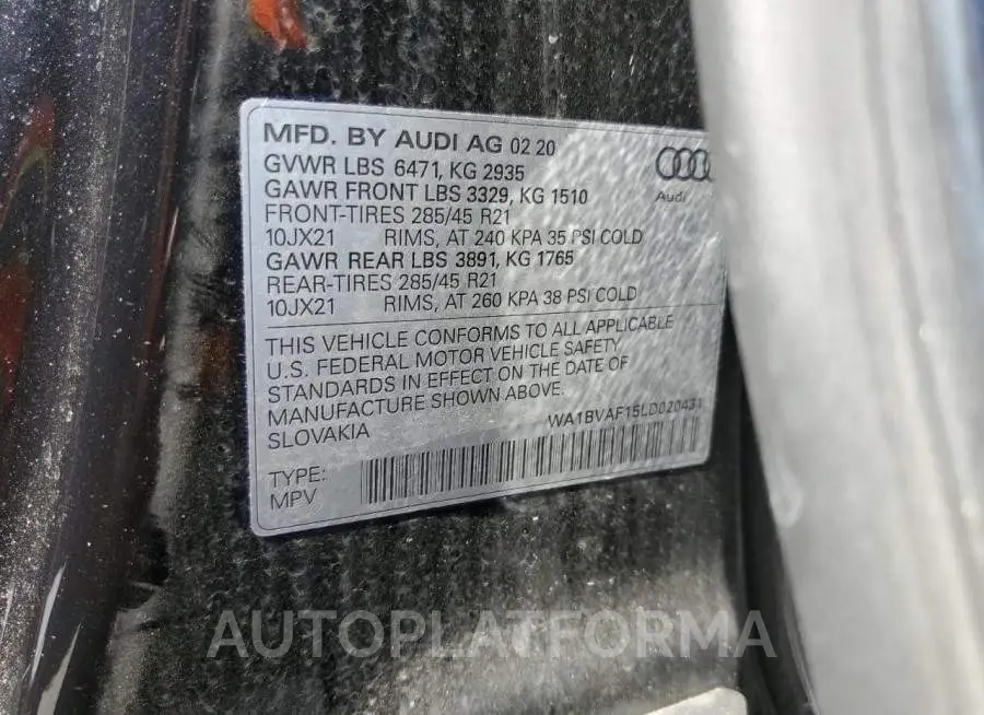 AUDI Q8 PREMIUM 2020 vin WA1BVAF15LD020431 from auto auction Copart