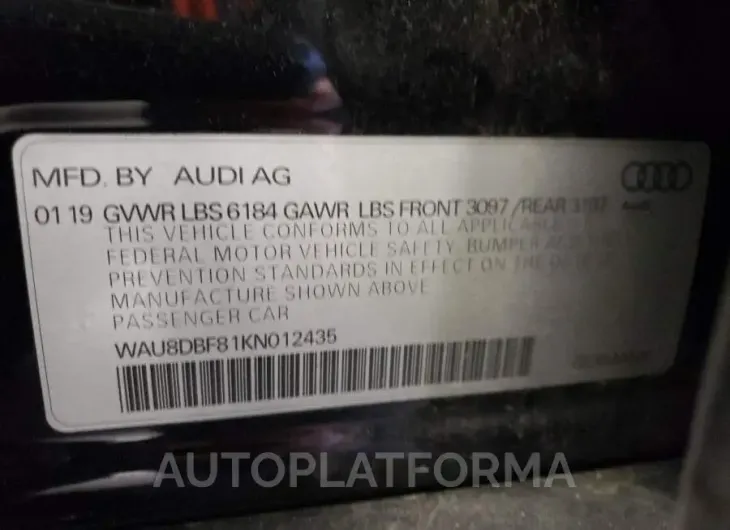 AUDI A8 L 2019 vin WAU8DBF81KN012435 from auto auction Copart